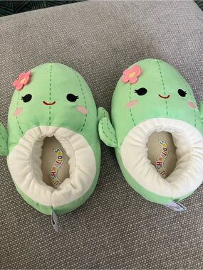Squishmallows Green Cactus Kids Slippers with Pink Flower Accents